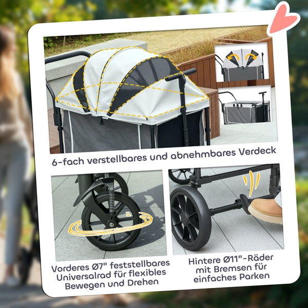 Bollerwagen mit 6-fach verstellbarem Verdeck, feststellbarem Universalrad und Bremsen