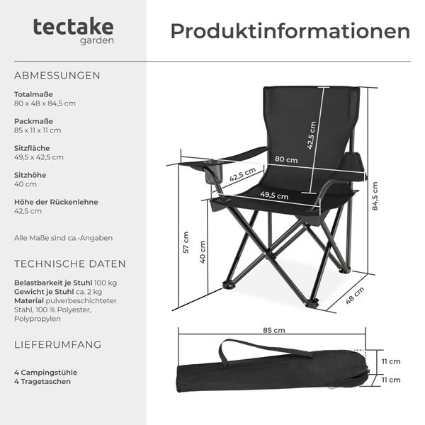 tectake Logo. Produktinformationen für faltbaren Campingstuhl mit Maßangaben, Belastbarkeit von 100 Kilogramm, Material und Tragetasche.