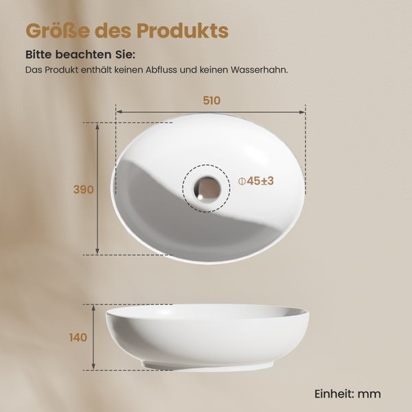 EMKE Aufsatzwaschbecken 520 x 395 mm Oval, Keramik Waschbecken, Handwaschbecken , Glänzend Weiß, Ohne Armaturbohrung, Höhe: 13 cm, Pflegeleicht, Feuchtigkeitsbeständig