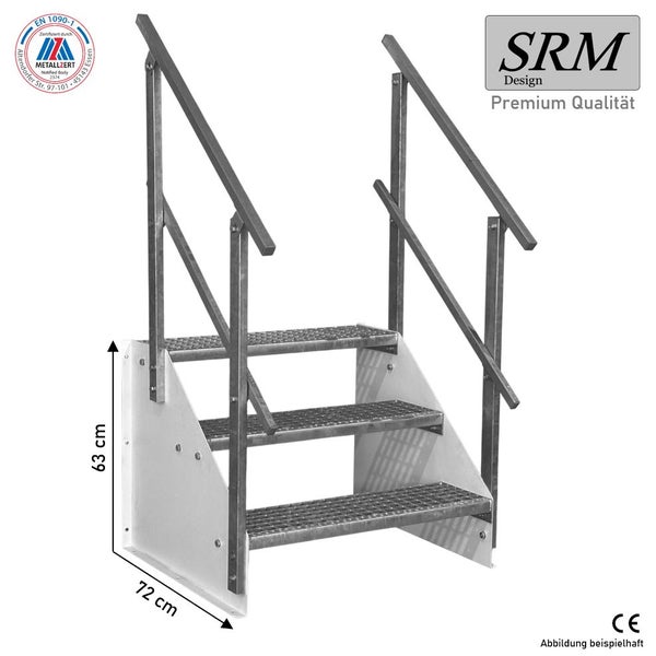 Treppe mit 3 Gitterroststufen und Geländer, 63 Zentimeter hoch, 72 Zentimeter breit, SRM Design Logo, zertifiziert nach EN 1090-1, CE Kennzeichnung.