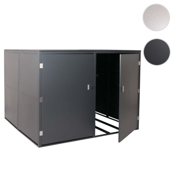 Fahrradbox aus Metall mit Doppeltür, eine Tür ist geöffnet