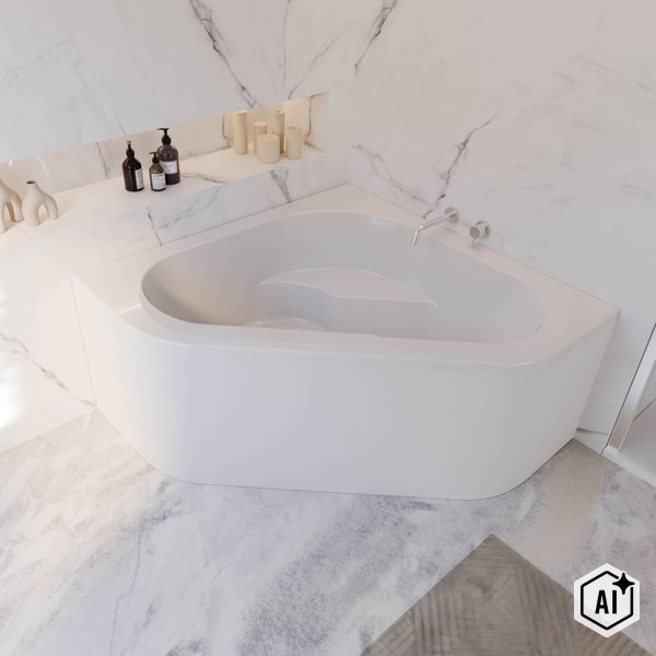 Moderne Eckbadewanne in einem hellen Badezimmer mit Marmorfliesen und einer integrierten Nische mit Dekoration.