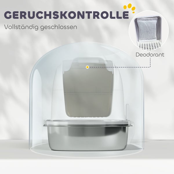 Geschlossene Katzentoilette mit Edelstahlwanne und integriertem Deodorant zur Geruchskontrolle.