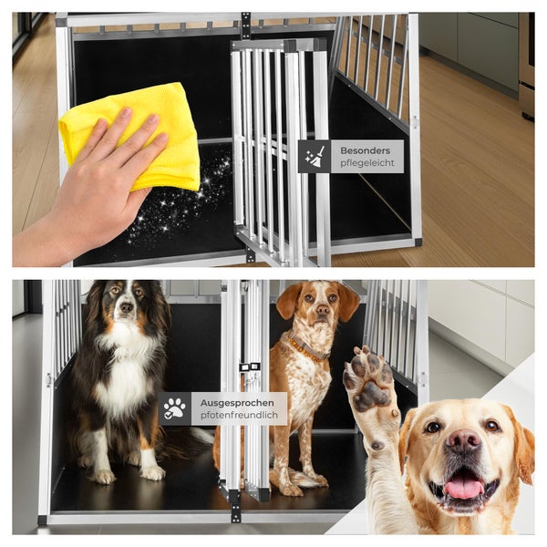 Abbildung einer Hundebox mit dem Symbol besonders pflegeleicht und dem Symbol ausgesprochen pfotenfreundlich
