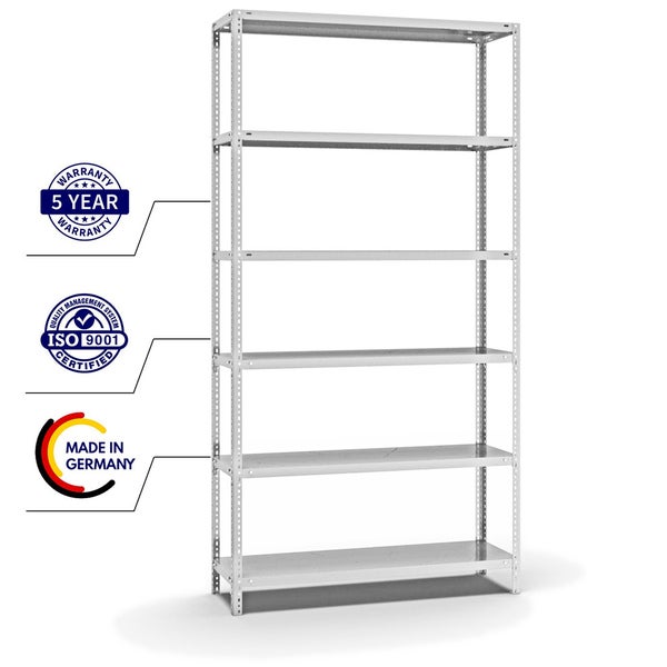 PROREGAL Fachbodenregal Schraubsystem Light-Duty Grundregal HxBxT 250 x 130 x 40 cm 6 Ebenen Fachlast 125 kg Beidseitig Nutzbar Lichtgrau