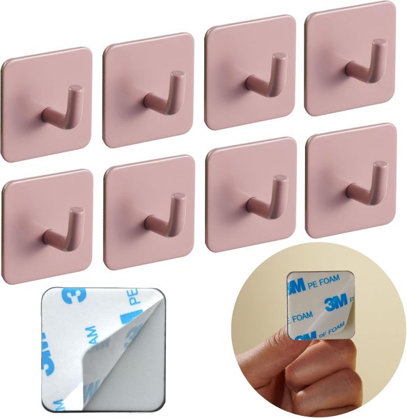 Set mit 8 quadratischen, selbstklebenden Wandhaken aus Edelstahl mit Klebestreifen auf der Rückseite und 3M Logo.