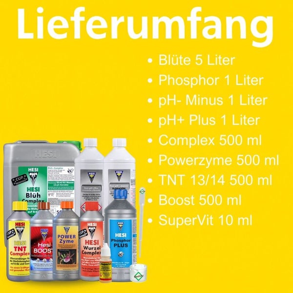 Hesi Dünger-Set: Blüh-Complex 5 Liter, Phosphor 1 Liter, pH Minus und Plus, TNT, Powerzyme, Boost 500 Milliliter, SuperVit 10 Milliliter, Zubehör.