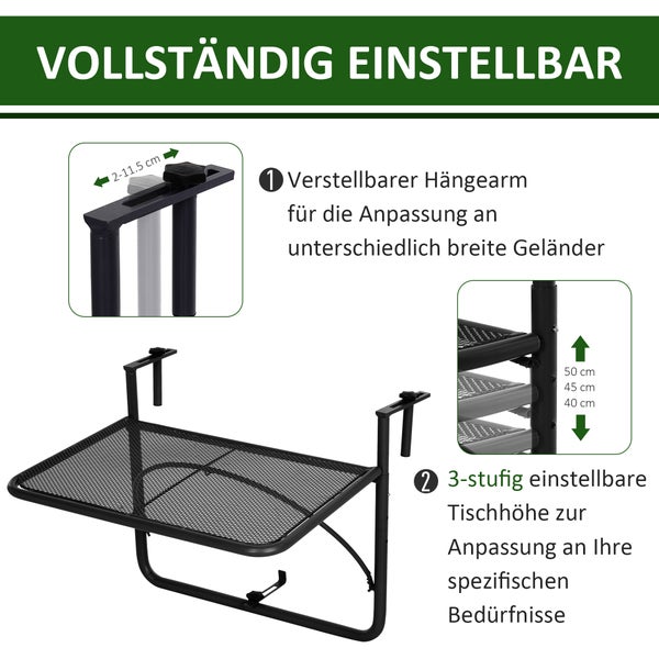 Outsunny Balkonhängetisch Gartentisch höhenverstellbar viereckig Terrasse Metall Schwarz L60 x B56,5 x H45 cm