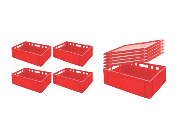 PROREGAL SuperSparSet 5x Eurobehälter Fleischerkasten E2 mit Auflagedeckel HxBxT 20 x 40 x 60 cm 41 Liter Rot Fleischerkiste Fleischkiste