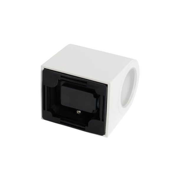 Würfelförmige Wandleuchte für den Außenbereich, Rückansicht mit schwarzer Montageplatte und weißem Gehäuse.