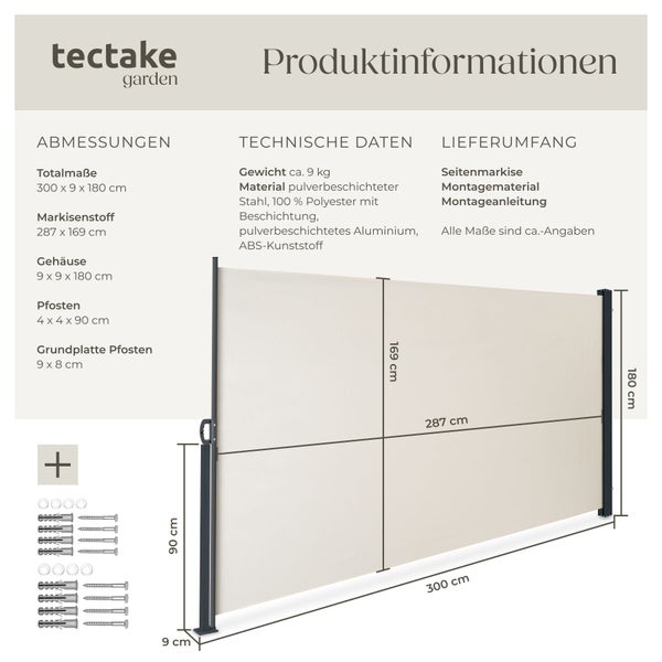 Infografik einer tectake Seitenmarkise mit Abmessungen von 300 mal 180 Zentimetern sowie technischen Daten zu Material und Lieferumfang.