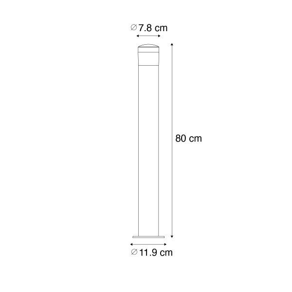 Skizze einer Wegeleuchte mit Maßen: Höhe 80 Zentimeter, Durchmesser oben 7.8 Zentimeter und Durchmesser unten 11.9 Zentimeter.