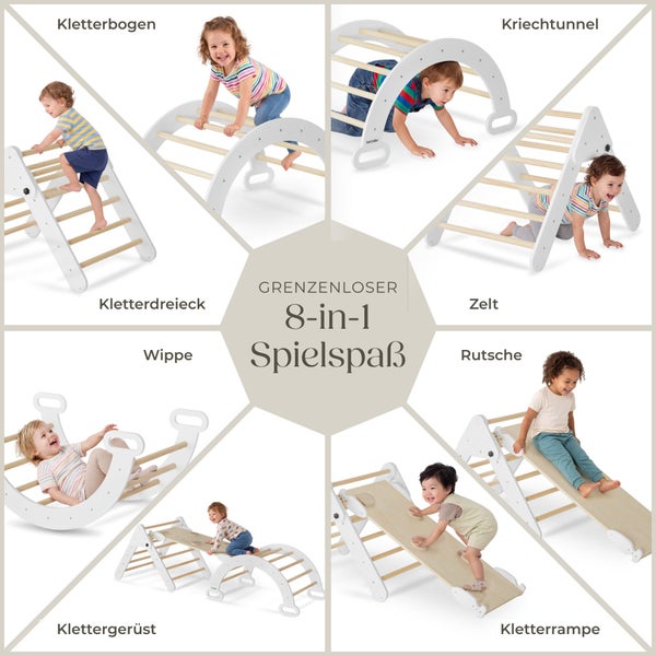 Acht in eins Kletterset aus Holz für Kinder, bestehend aus Kletterbogen, Kletterdreieck und Rutsche für verschiedene Spielmöglichkeiten.