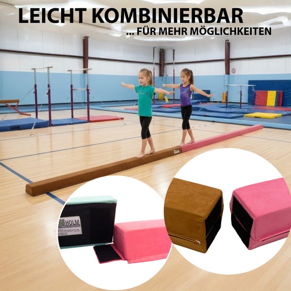 Zwei Kinder trainieren auf einem kombinierbaren Gymnastik-Schwebebalken mit Klettverschluss in einer Sporthalle.