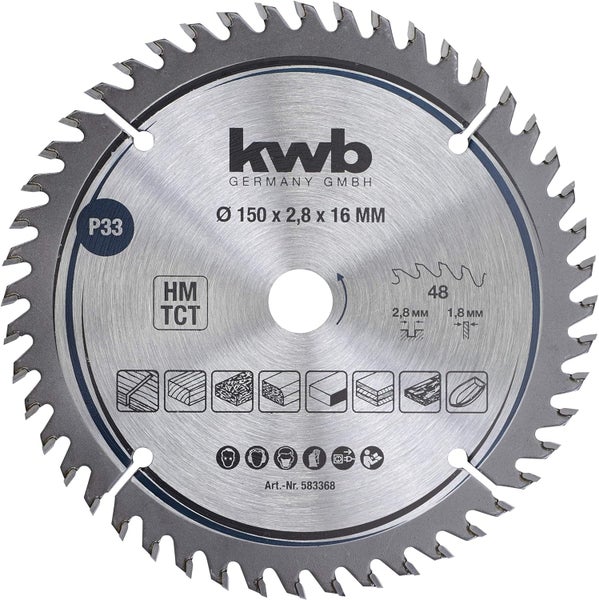 kwb Kreissägeblatt 150 x 16 mm - Sehr feiner Schnitt - Für Arbeitsplatten, Holz und beschichtete Platten - Hartmetallbestückt