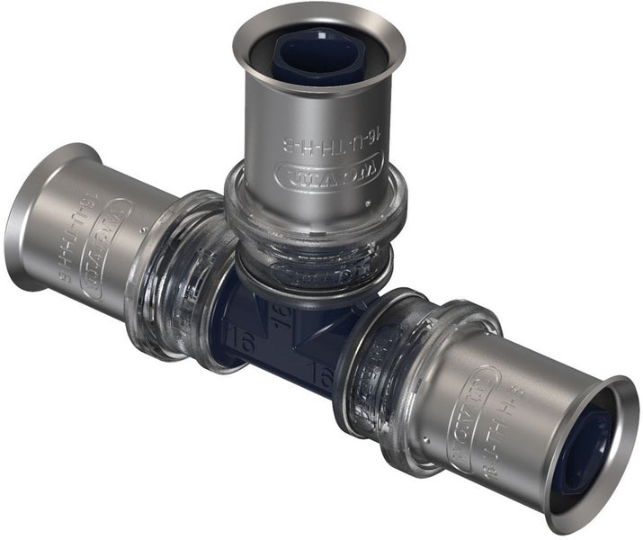T-Stück Pressfitting aus Metall und Kunststoff für Trinkwasser- und Heizungsinstallationen.