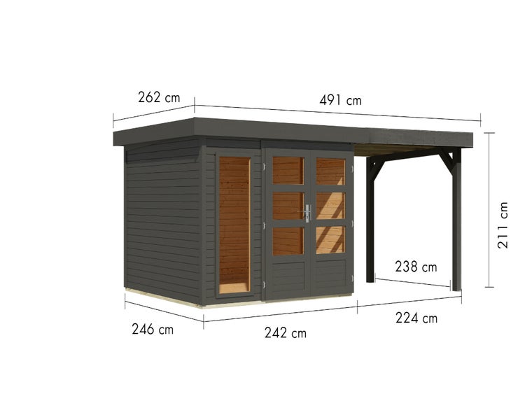 Gartenhaus aus Holz in Anthrazit mit Flachdach, Doppeltür, Seitenfenster und Anbaudach. Gesamtbreite 491 Zentimeter, Tiefe 262 Zentimeter.