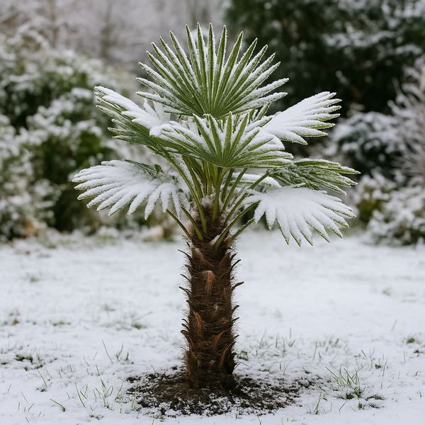 Chinesische Hanfpalme im verschneiten Garten