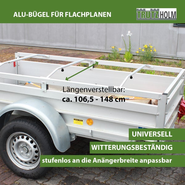 Trutzholm Aluminiumbügel für Anhänger mit einstellbarer Länge von circa 106,5 bis 148 Zentimeter.