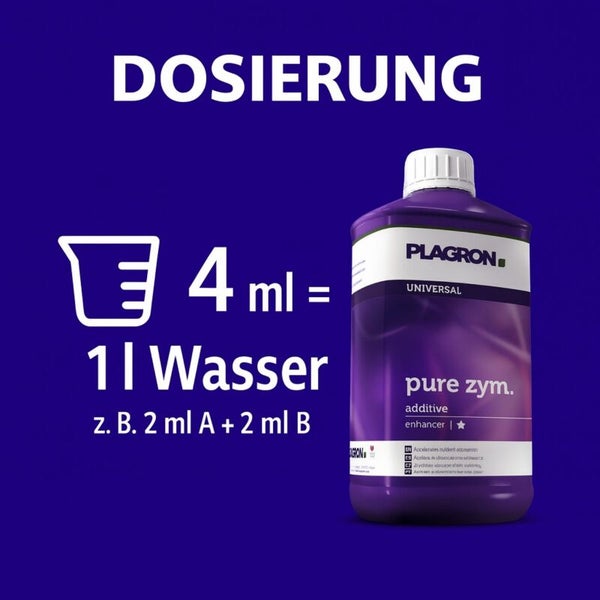 Dosierungsempfehlung für Plagron Pure Zym Zusatzmittel: 4 ml auf 1 l Wasser.
