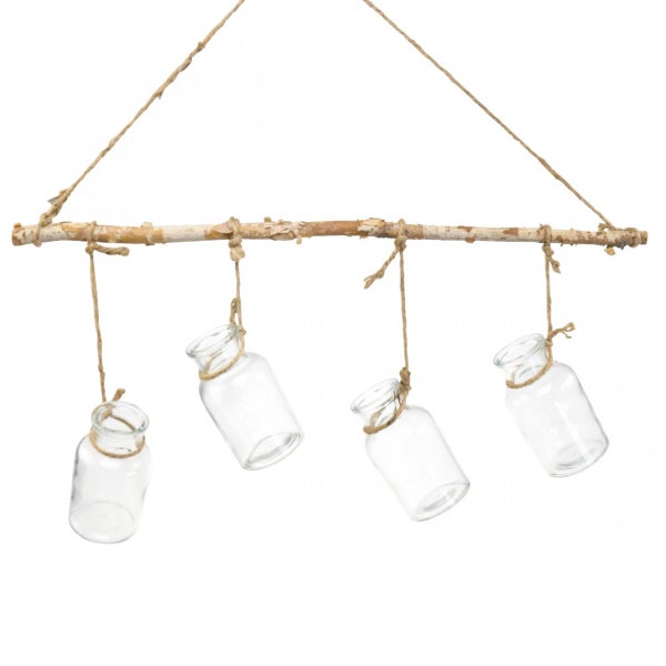 Dekorative Hängevorrichtung mit vier Glasvasen an einem Ast