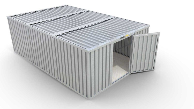Lagercontainer Gerätehaus M3  – 18 qm, H2150 x B3050 x T6520 mm, verzinkt, mit Holzfußboden, 1270 mm Einflügeltür mittig in Breitseite, zerlegt