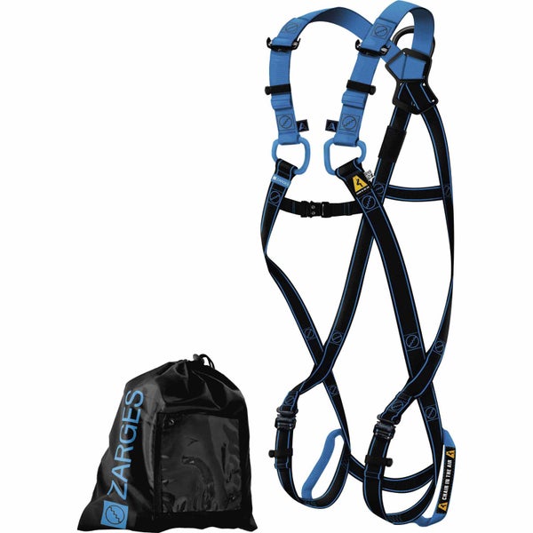 Zarges Auffanggurt für Höhensicherung mit schwarz-blauen Gurten und Transportbeutel mit Zarges Logo.