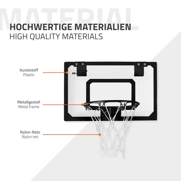 Hauki Mini Basketballkorb fürs Zimmer im Set 3 Bälle Ø16cm, Netz, Pumpe, 58x40 cm, Schwarz, tragbar, Backboard Tür/Wandmontage, ohne Bohren, Indoor Basketball Hoop hängend, Hängebrett Basketballbrett