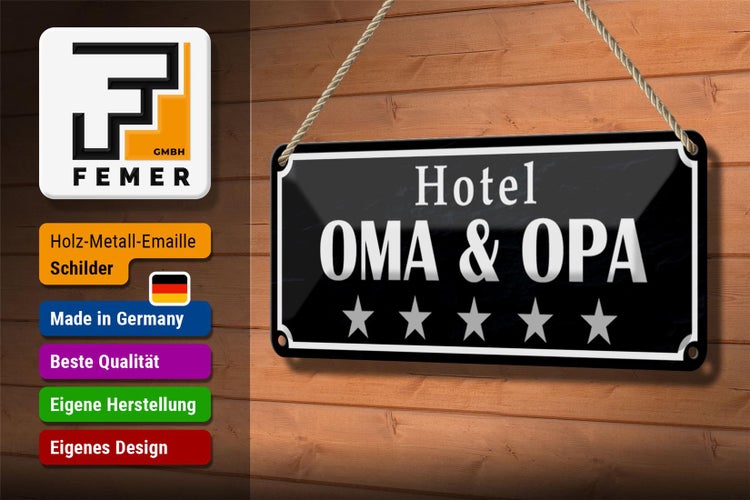 Blechschild Spruch 27x10cm Hotel Oma Opa 5 Sterne Dekoration