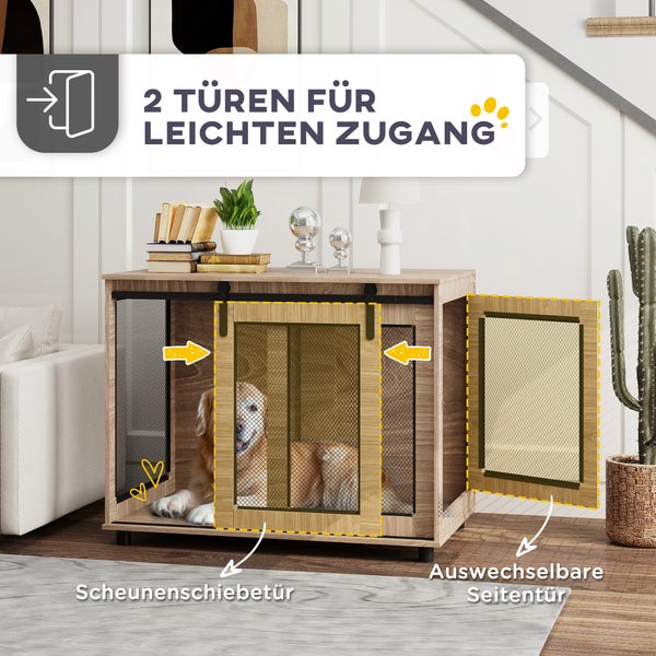 PawHut Hundekäfig Möbel, Hundebox mit 2 verschließbaren Türen, Beistelltisch für Zuhause, Hundehaus für große Hunde unter 30 kg, Stahl, 98 x 60 x 78 cm, Nussbaum