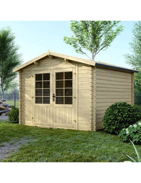 Gartenhaus aus Holz mit Satteldach und Doppeltür mit Fenstern in einem Garten