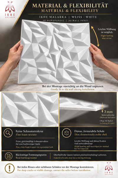 IKHE MALARKA 3D Wandpaneel aus Schaumstoff mit geometrischem Relief, drei Millimeter Materialstärke und Montagehinweisen.