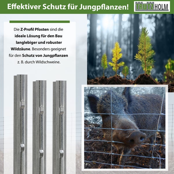 Drei verzinkte Z Profil Pfosten fuer Wildzaeune zum Schutz von Jungpflanzen mit Trutzholm Logo.