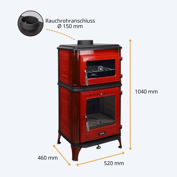 Roter Holzofen mit Backfach, Höhe 1040 Millimeter, Breite 520 Millimeter, Tiefe 460 Millimeter, Rauchrohranschluss Durchmesser 150 Millimeter.