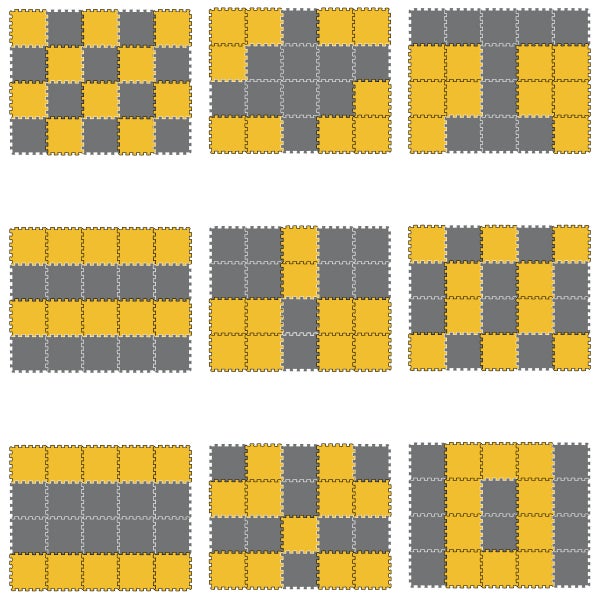 Ineinandergreifende Bodenschutzmatten aus Schaumstoff in verschiedenen grafischen Verlegemustern.