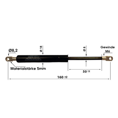 Gasdruckfeder mit technischen Maßen: Gesamtlänge 160 Millimeter, Hub 50 Millimeter, Gehäusedurchmesser 18 Millimeter und Gewinde M6.
