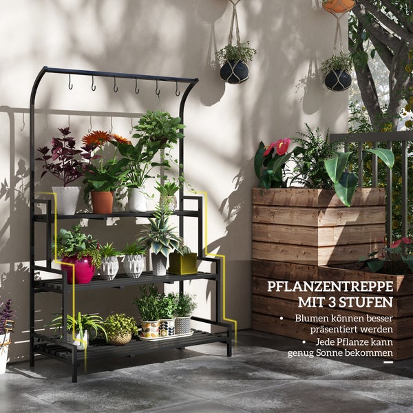 Outsunny Pflanzenständer, Blumenständer mit 3 Ebenen, Blumenregal mit 6 Haken, Pflanzentreppe, Pflanzenregal für Garten, Stahl, Schwarz, 110 x 50 x 170 cm