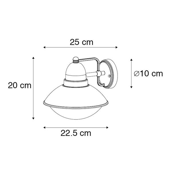 Technische Zeichnung einer Wandleuchte mit Maßen: Höhe 20 Zentimeter, Breite 25 Zentimeter, Durchmesser 22,5 Zentimeter.