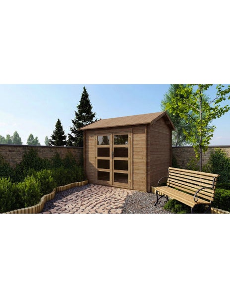 Gartenhaus aus Holz mit Doppeltür und Glaseinsätzen in einem Garten mit Sitzbank und gepflastertem Weg.