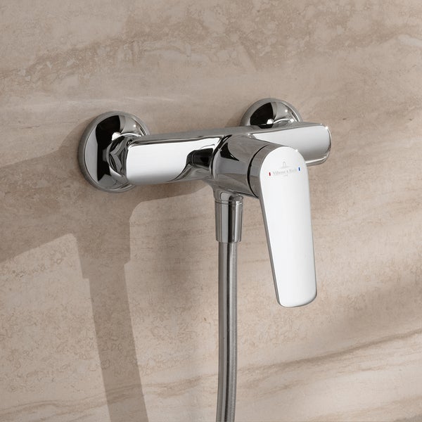 Villeroy & Boch Oasis Duscharmatur, Mischbatterie Dusche mit Rückflussschutz und Keramikkartusche, Einhebel-Duscharmatur für Aufputz Montage, rund, Chrom