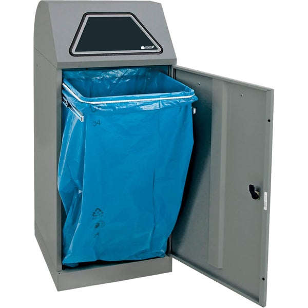 Grauer Müllsammler aus Metall mit geöffneter Tür und blauem Müllsack, Stumpf Logo.