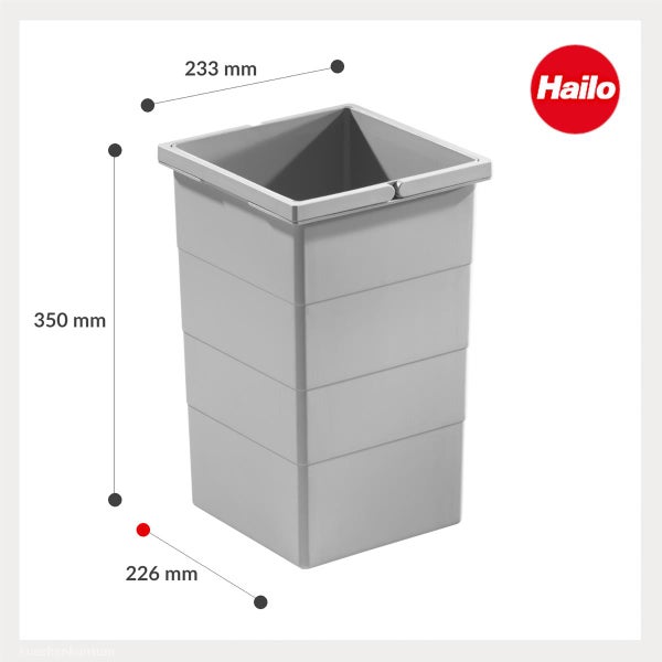 Hailo Logo, grauer Mülleimer aus Kunststoff mit Breite 233 Millimeter, Tiefe 226 Millimeter und Höhe 350 Millimeter.