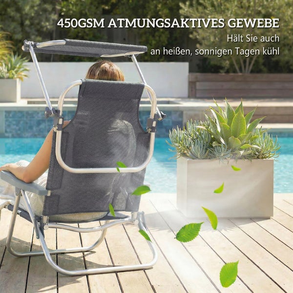 Sonnenliege mit grauem, atmungsaktivem Gewebe, Sonnendach und silbernem Aluminiumgestell an einem Pool.