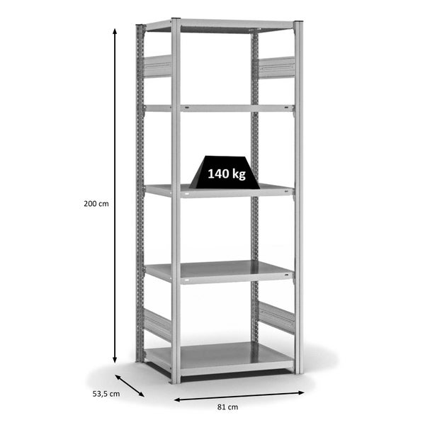 PROREGAL Fachbodenregal Stecksystem T-Profil Light-Duty Grundregal HxBxT 200 x 75 x 50 cm 5 Ebenen Fachlast 140 kg Beidseitig Nutzbar Verzinkt