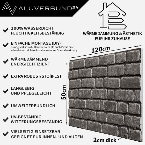Aluverbund24 Logo. Informationen zu Produkteigenschaften: wasserdicht, feuchtigkeitsbeständig, einfache Montage, wärmedämmend, energieeffizient, robust, stoßfest, langlebig, pflegeleicht, umweltfreundlich, UV-beständig, witterungsbeständig, vielseitig einsetzbar für Innen und Außen. Symbol für Wärmedämmung und Ästhetik. Wandpaneel mit den Maßen 120 cm x 50 cm x 2 cm