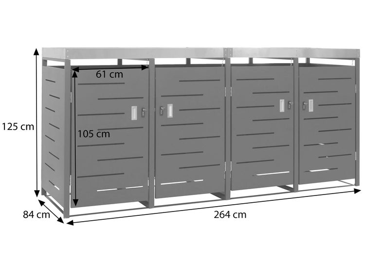 Mülltonnenbox für vier Mülltonnen mit den Maßen 264 cm Breite, 125 cm Höhe und 84 cm Tiefe