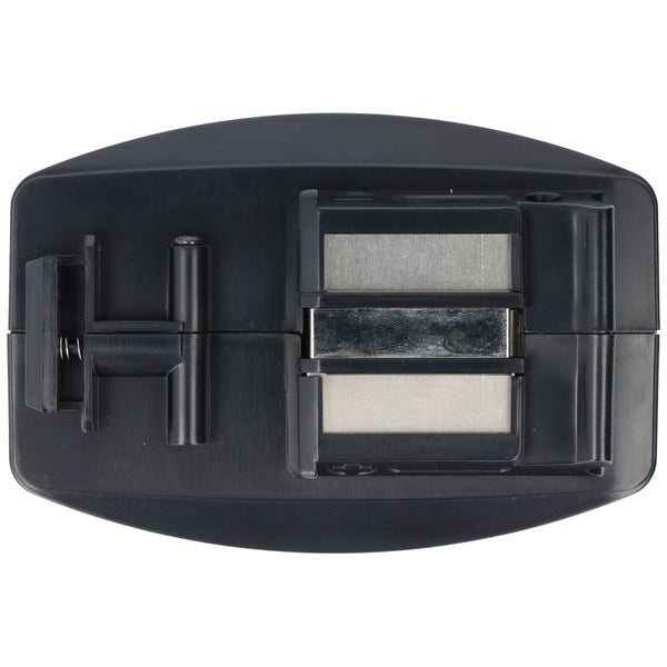 Schwarzer Magnetschnäpper aus Kunststoff mit Metallplatten und Federmechanismus.