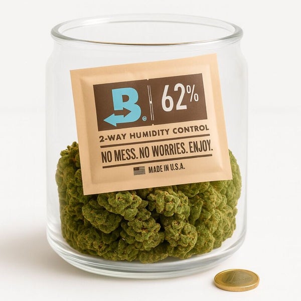Boveda 2-Wege-Feuchtigkeitsregler 62 Prozent in einem Glas mit getrockneten Kräutern und einer Münze zum Größenvergleich.