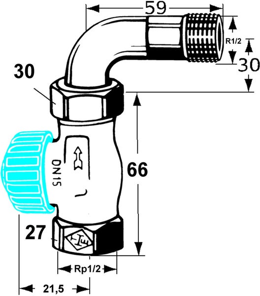 Technische Zeichnung eines Heizkörperventils mit Maßangaben in Millimetern, Nennweite 15 und Anschlussgrößen R 1/2 sowie Rp 1/2 Zoll.