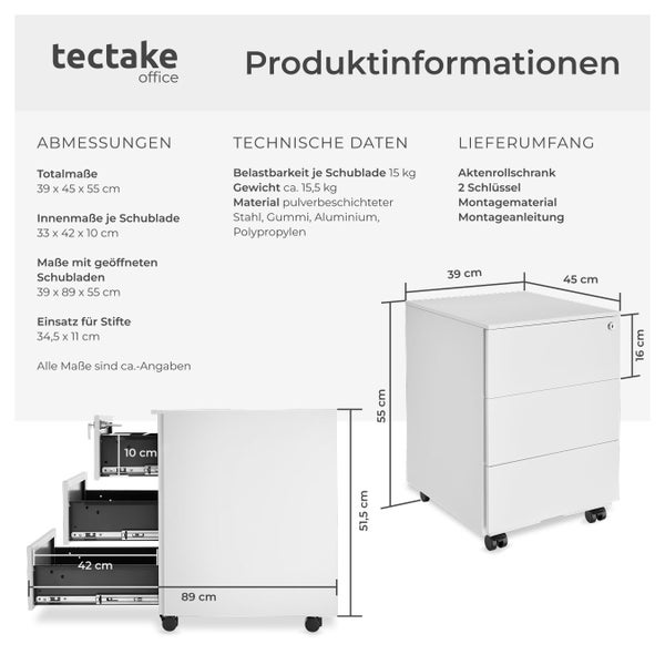 Produktinformationen zu einem weißen Aktenrollschrank von tectake office mit Maßangaben